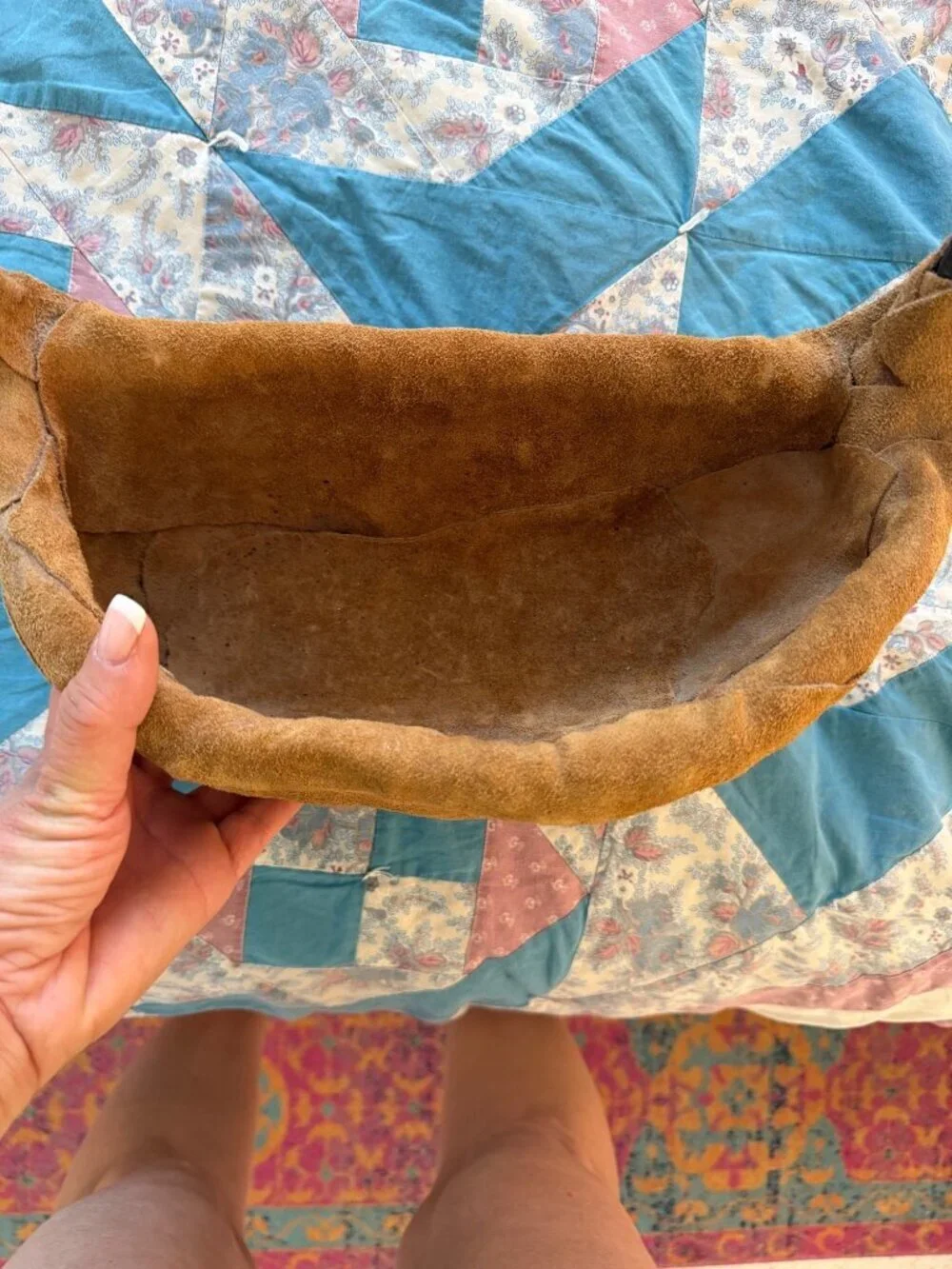 Vintage Handmade Bent Wood Suede Covered Wall Basket Brown Hobo Artist Signed